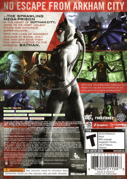 Batman Arkham City Xbox 360 open-world action-adventure stealth video game featuring the Dark Knight Catwoman Joker Hugo Strange Two-Face and Penguin with freeflow combat predator takedowns gadget upgrades gliding traversal and Riddler challenges back cover