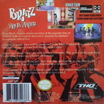 Bratz: Rock Angelz for Game Boy Advance with fashion-themed adventure and music-focused gameplay back cover