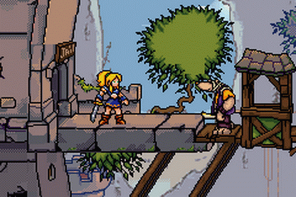 Lady Sia for Game Boy Advance (GBA), gameplay for a retro video game featuring side-scrolling platforming gameplay, fantasy combat, magical abilities, challenging levels, and action-adventure exploration