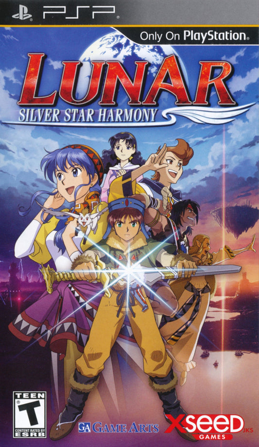 Lunar Silver Star Harmony PlayStation Portable PSP inspired design featuring classic JRPG fantasy adventure aesthetic beautifully remastered anime style visuals heartfelt storytelling magical world exploration turn based combat character driven narrative and timeless role playing presentation front cover 