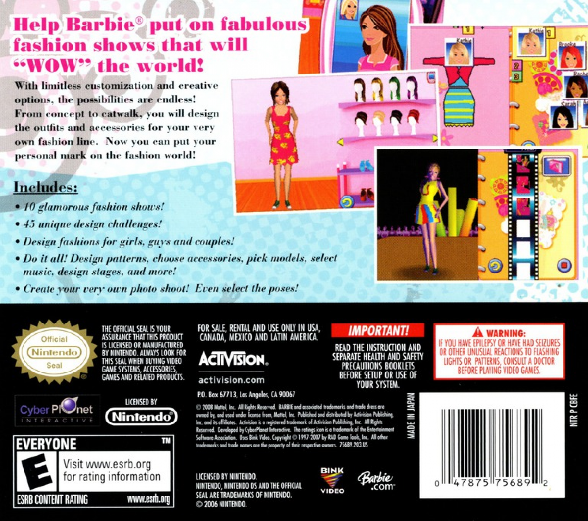 Barbie Fashion Show An Eye for Style Nintendo DS video game, fashion design gameplay, style challenges, family-friendly handheld console title back cover