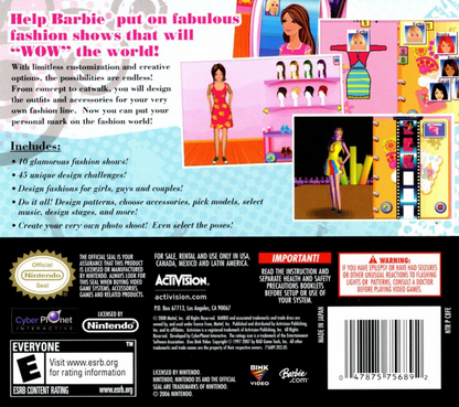 Barbie Fashion Show An Eye for Style Nintendo DS video game, fashion design gameplay, style challenges, family-friendly handheld console title back cover