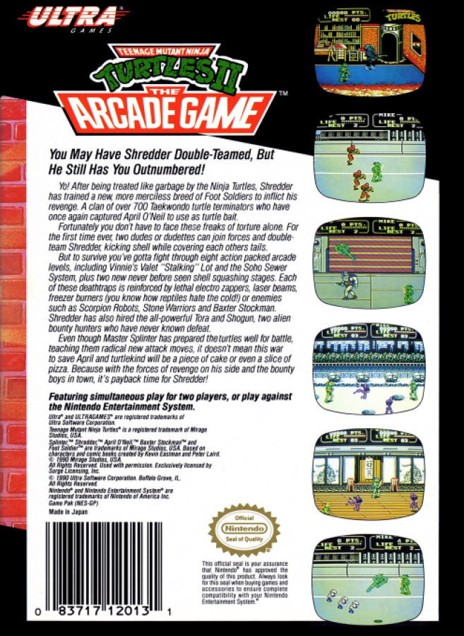 Teenage Mutant Ninja Turtles II: The Arcade Game back of box for Nintendo Entertainment System (NES) retro video game