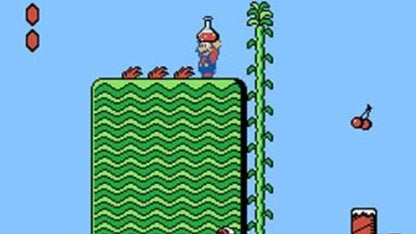 Super Mario Bros. 2 cartridge for the Nintendo Entertainment System featuring a colorful 8 bit platformer with Mario Luigi Princess Toadstool and Toad exploring dreamlike worlds with unique abilities and enemy throwing gameplay gameplay 