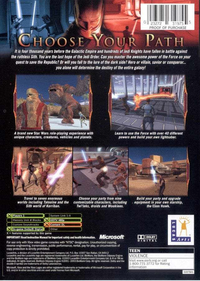 Star Wars Knights of the Old Republic Platinum Hits Xbox XBOX for retro video game enthusiasts featuring classic role playing gameplay Star Wars storytelling lightsaber combat character customization party management planetary exploration branching choices and collectible gaming appeal back cover art