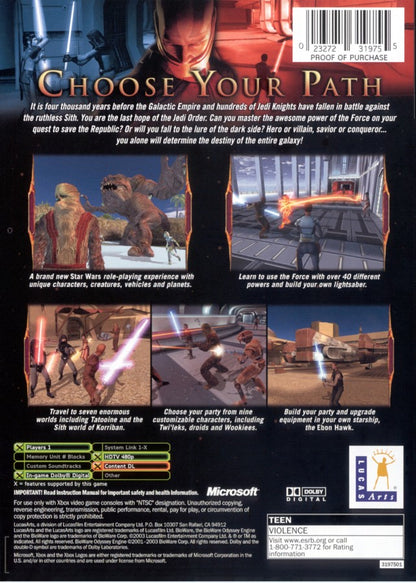 Star Wars Knights of the Old Republic Platinum Hits Xbox XBOX for retro video game enthusiasts featuring classic role playing gameplay Star Wars storytelling lightsaber combat character customization party management planetary exploration branching choices and collectible gaming appeal back cover art