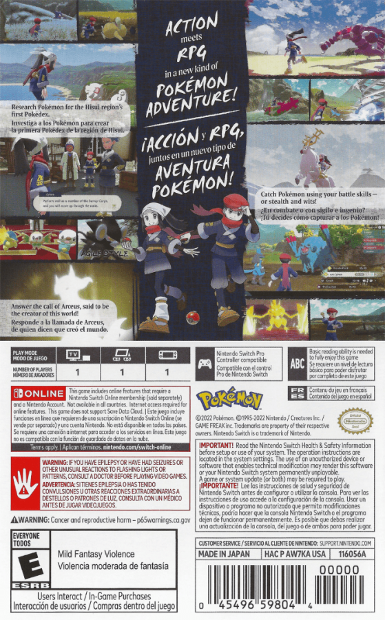 Pokemon Legends Arceus back of box for Nintendo Switch NS video game
