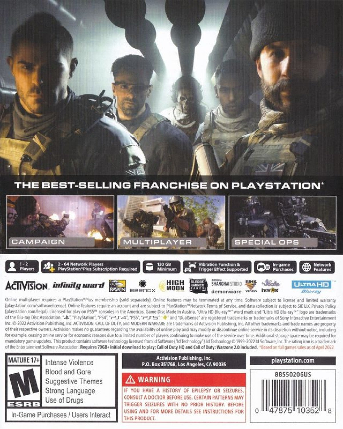 Call of Duty: Modern Warfare II back of case for PlayStation 5 (PS5) first-person shooter video game