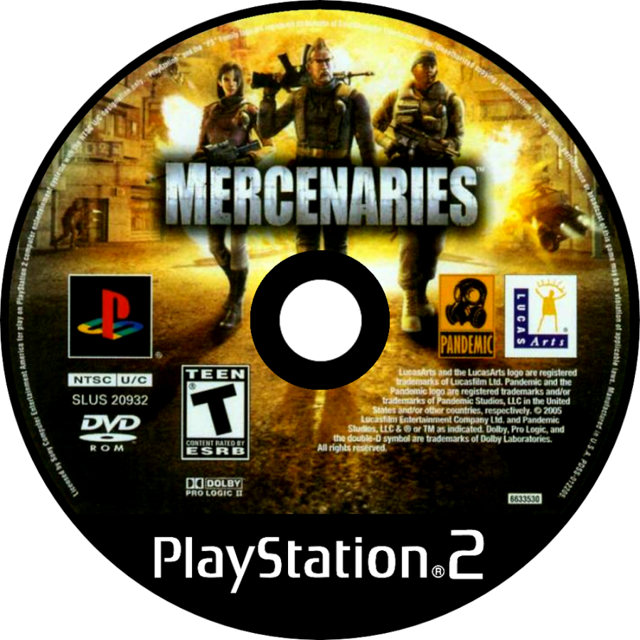 Mercenaries: Playground of Destruction PlayStation 2 disc art featuring explosive open-world combat with soldiers, vehicles, and destructible environments. 
