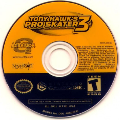 Tony Hawk's Pro Skater 3 disc for Nintendo GameCube (GC) skateboarding sports video game