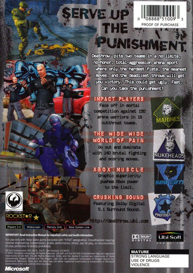 Deathrow for Xbox futuristic sports action video game featuring fast paced team combat brutal arena matches cyberpunk style presentation and cult classic Xbox gameplay experience back cover art