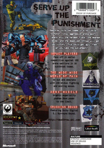 Deathrow for Xbox futuristic sports action video game featuring fast paced team combat brutal arena matches cyberpunk style presentation and cult classic Xbox gameplay experience back cover art