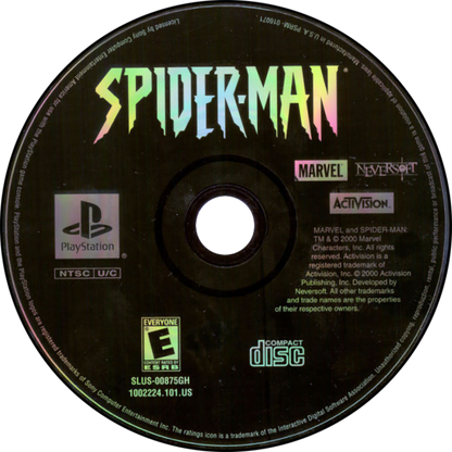 Spider-Man PlayStation 1 PS1 for action adventure retro video game fans featuring web swinging superhero combat Marvel villains wall crawling fast paced platforming comic book inspired gameplay collectible gaming appeal disc