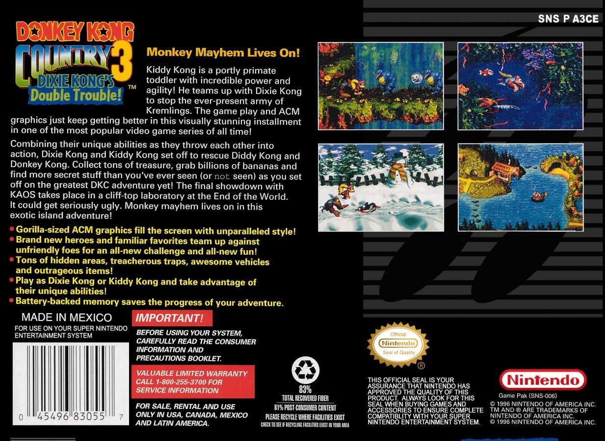 Donkey Kong Country 3: Dixie Kong's Double Trouble – Super Nintendo Entertainment System (SNES) Back cover Box art image 