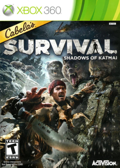 Cabela’s Survival Shadows of Katmai Xbox 360 cover art for retro video game enthusiasts featuring wilderness survival gameplay first person hunting mechanics harsh Alaskan environments resource gathering tracking wildlife dangerous encounters and immersive outdoor survival adventure experience and collectible gaming appeal cover art