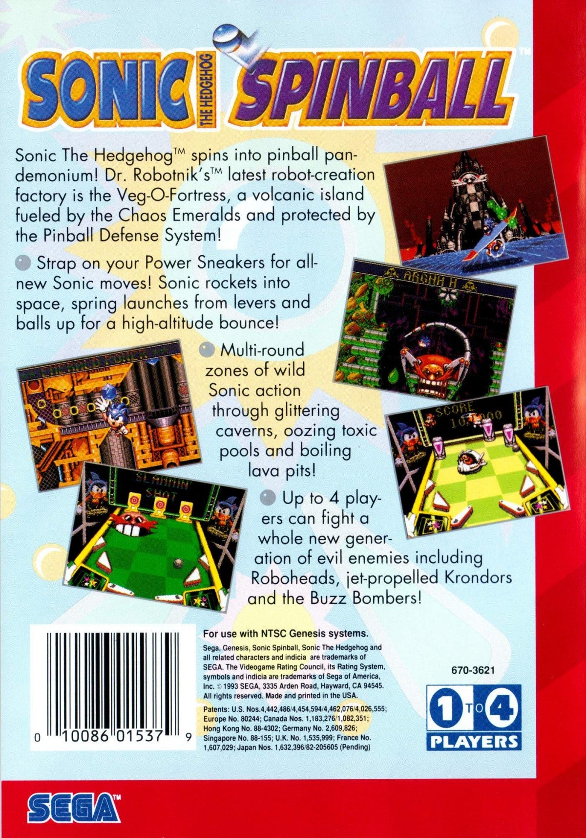 Sonic Spinball Sega Genesis arcade-style pinball game featuring Sonic the Hedgehog in fast-paced action levels gameplay back cover