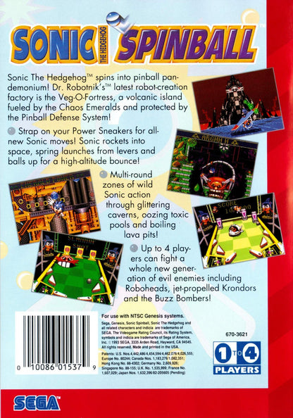 Sonic Spinball Sega Genesis arcade-style pinball game featuring Sonic the Hedgehog in fast-paced action levels gameplay back cover