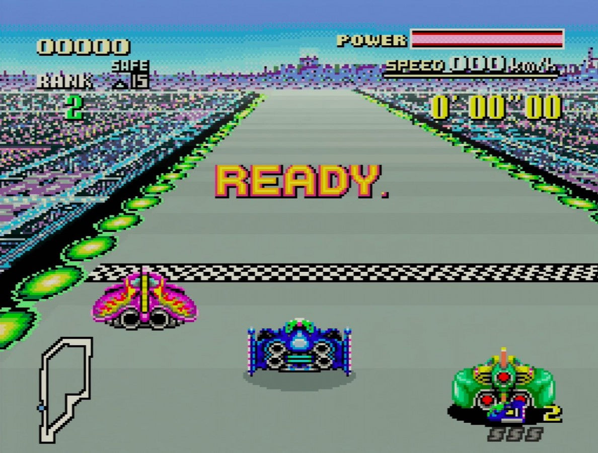 F-Zero Super Nintendo Entertainment System SNES futuristic racing video game Mode 7 graphics high-speed anti-gravity vehicles multiple pilots including Captain Falcon with varying stats and championship tracks gameplay screenshot