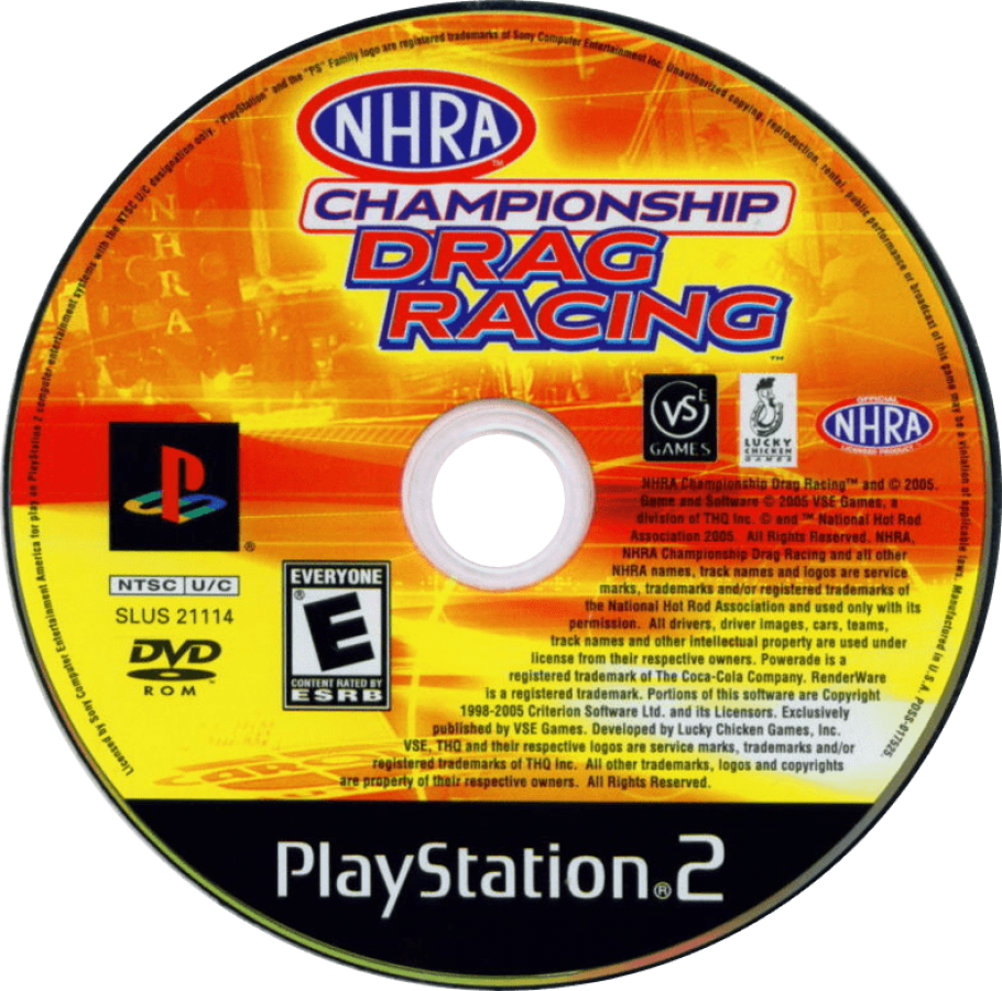 NHRA Championship Drag Racing – PlayStation 2 (PS2) video game disc, drag racing simulation game.