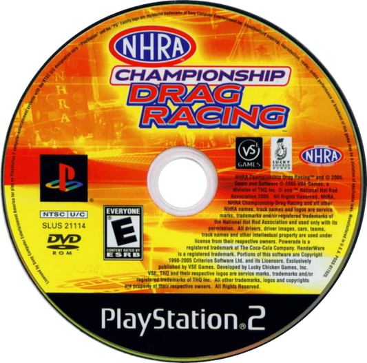 NHRA Championship Drag Racing – PlayStation 2 (PS2) video game disc, drag racing simulation game.