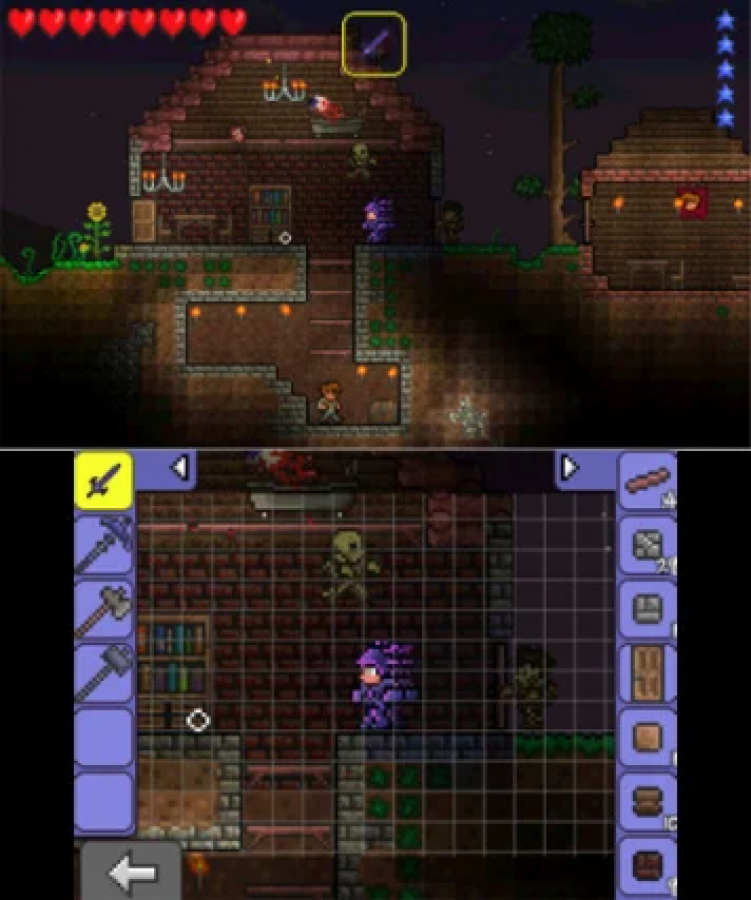 Terraria Nintendo 3DS for video game enthusiasts featuring sandbox adventure gameplay crafting resource gathering exploration building survival action procedurally generated worlds boss battles and collectible gaming appeal gameplay 
