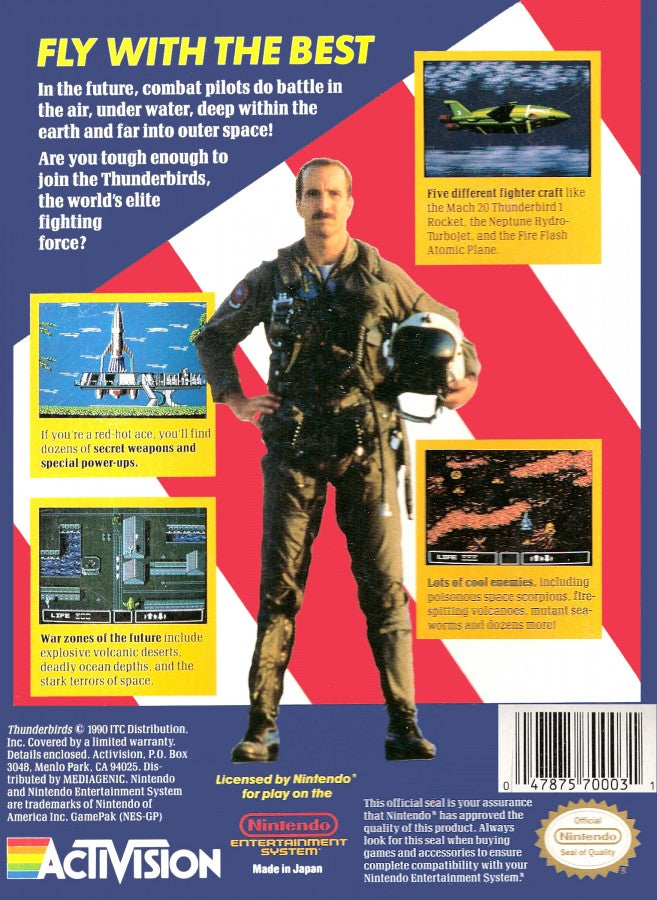 Thunderbirds retro NES video game Thunderbirds sci fi action adventure rescue missions vehicle combat arcade gameplay classic console title Nintendo Entertainment System release back of case