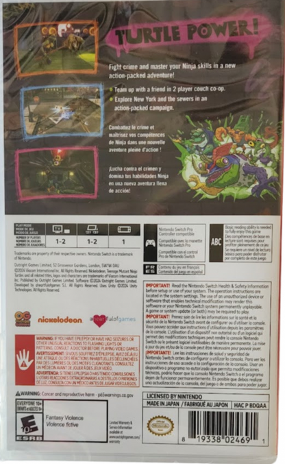 Teenage Mutant Ninja Turtles Mutants Unleashed Nintendo Switch for action adventure video game fans featuring iconic TMNT characters fast paced combat platforming gameplay mutant battles colorful environments teamwork abilities pizza loving heroes animated adventure collectible gaming appeal gameplay back cover art