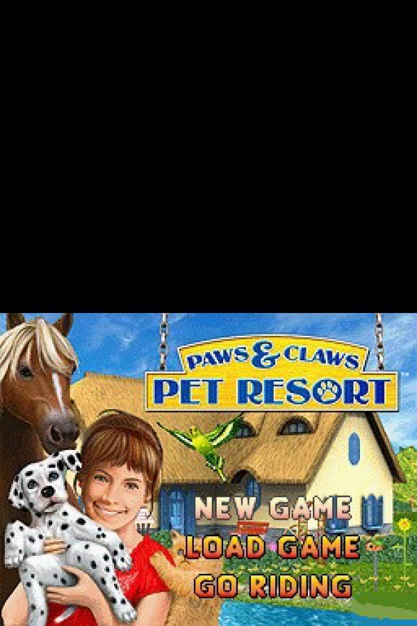 Paws & Claws Pet Resort Nintendo DS video game, animal care simulation, resort management gameplay, family-friendly handheld console title main menu title screen