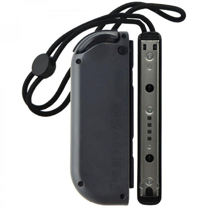 Joy-Con Gray Official Loose controller featuring wireless motion controls, HD rumble, and Nintendo Switch compatibility rail side view back face