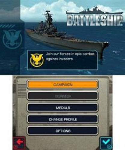 Battleship start screen for Nintendo 3DS (3DS) strategy action video game