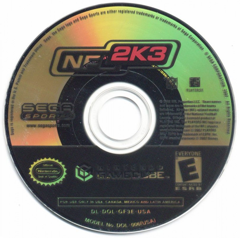 NFL 2K3 disc for Nintendo GameCube (GC) football sports video game