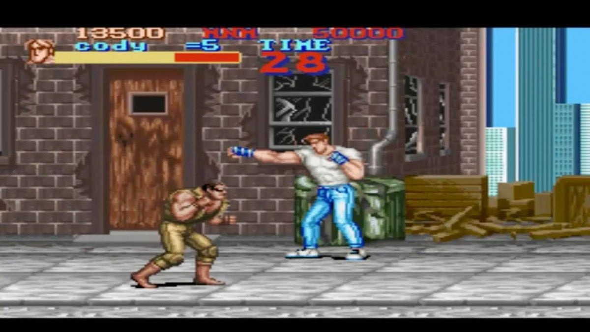 Final Fight Super Nintendo Entertainment System SNES side-scrolling beat em up arcade brawler video game featuring Mike Haggar Cody and Guy against the Mad Gear Gang with multiple stages and two-player cooperative action gameplay screenshot