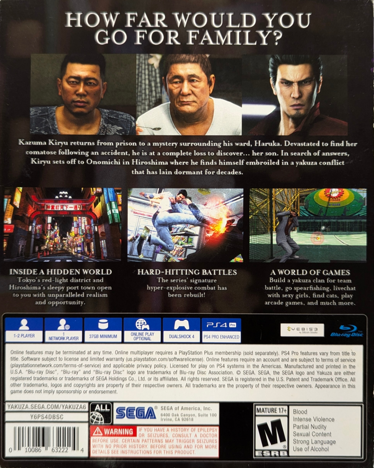 Yakuza 6: The Song of Life [Essence of Art Edition] for PlayStation 4 (PS4) at Gamers INC, featuring the final chapter of Kazuma Kiryu's legendary saga in the stunning Dragon Engine, complete with a commemorative hardcover art book and a gripping story of family and sacrifice in the streets of Kamurocho and Onomichi back cover