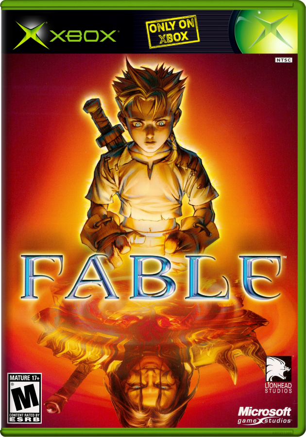 Cover of the 'Fable' game for Xbox, featuring a character with a sword and the Fable logo.