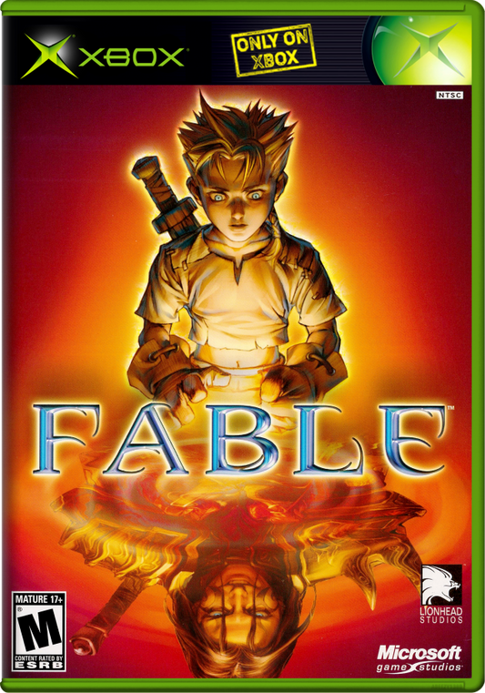 Cover of the 'Fable' game for Xbox, featuring a character with a sword and the Fable logo.