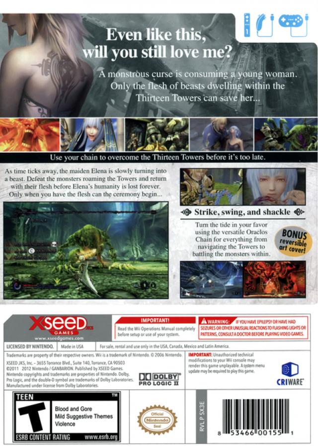 Pandora’s Tower – Nintendo Wii (Wii) action role-playing fantasy adventure video game back of case