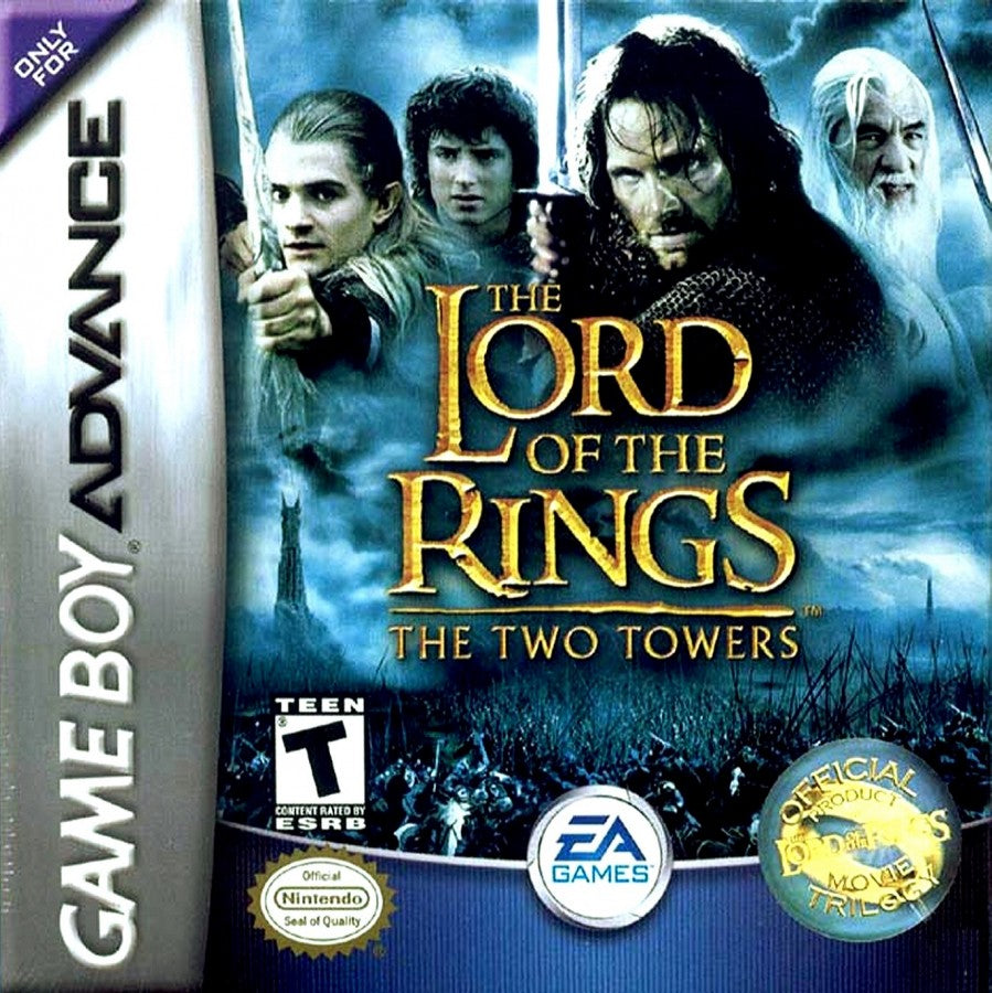 The Lord of the Rings The Two Towers for Game Boy Advance, cover image for a retro video game featuring action-adventure gameplay, hack-and-slash combat, character progression, and movie-inspired fantasy battles