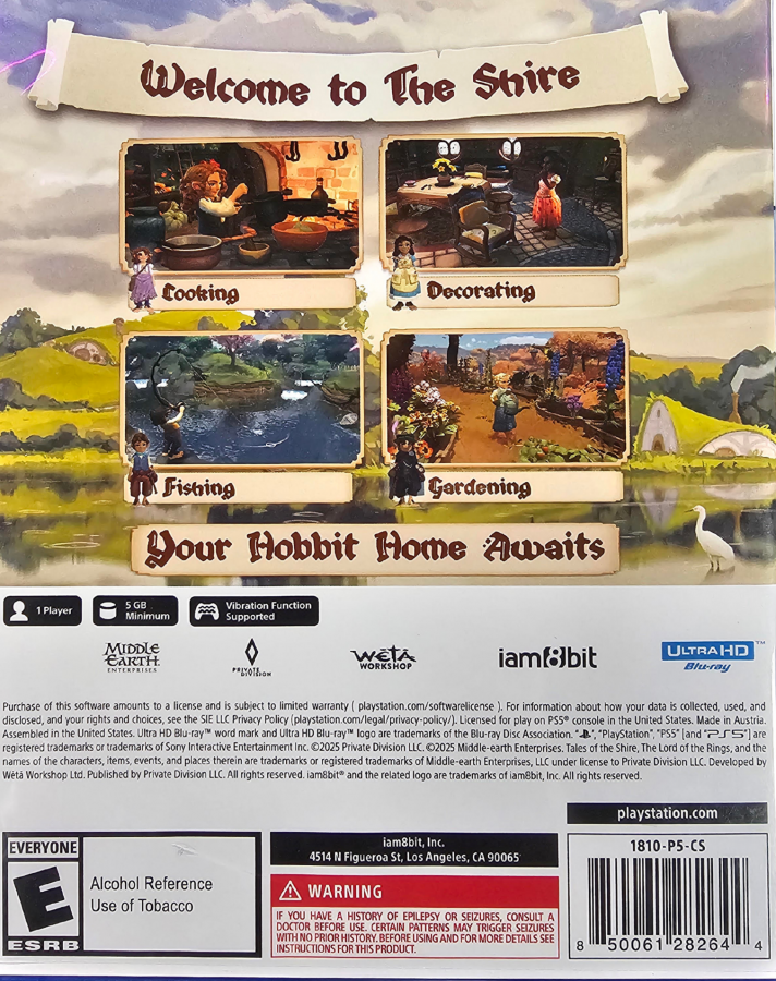 Tales of the Shire A The Lord of the Rings Game PlayStation 5 PS5 for cozy life simulation adventure video game fans featuring Hobbit life in the Shire farming gardening cooking fishing home customization community activities exploration and relaxing Middle earth gameplay collectible gaming appeal back cover art