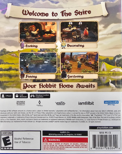 Tales of the Shire A The Lord of the Rings Game PlayStation 5 PS5 for cozy life simulation adventure video game fans featuring Hobbit life in the Shire farming gardening cooking fishing home customization community activities exploration and relaxing Middle earth gameplay collectible gaming appeal back cover art