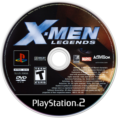 X-Men Legends game for the PlayStation 2 featuring action RPG gameplay with real time combat team based mechanics character progression and cooperative multiplayer as players control a squad of X-Men battling through story driven missions against iconic Marvel villains disc