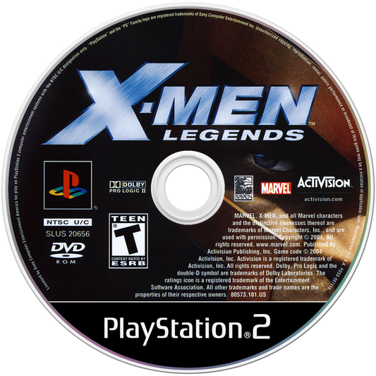 X-Men Legends game for the PlayStation 2 featuring action RPG gameplay with real time combat team based mechanics character progression and cooperative multiplayer as players control a squad of X-Men battling through story driven missions against iconic Marvel villains disc