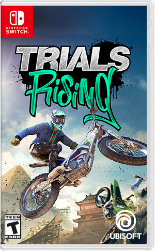 Trials Rising game for the Nintendo Switch featuring physics based motorcycle platforming gameplay with obstacle course tracks stunt challenges multiplayer modes and progression through global locations with skill based timing and control cover art