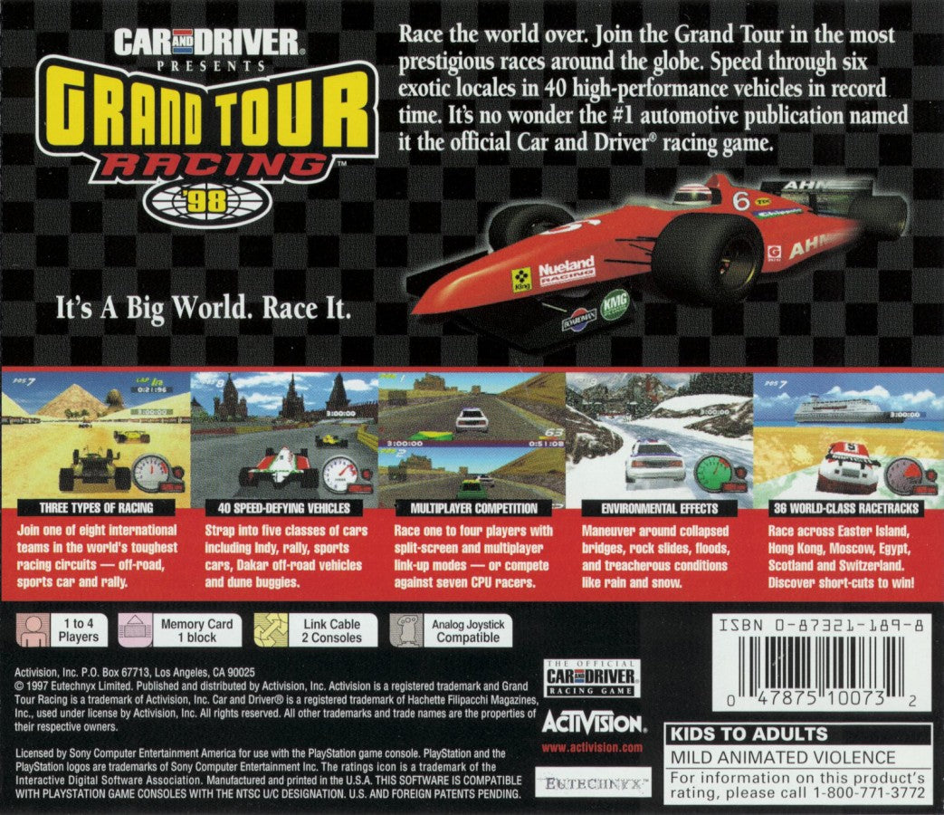 Car and Driver Presents: Grand Tour Racing '98 retro simulation racing game for PlayStation 1 (PS1) back of case