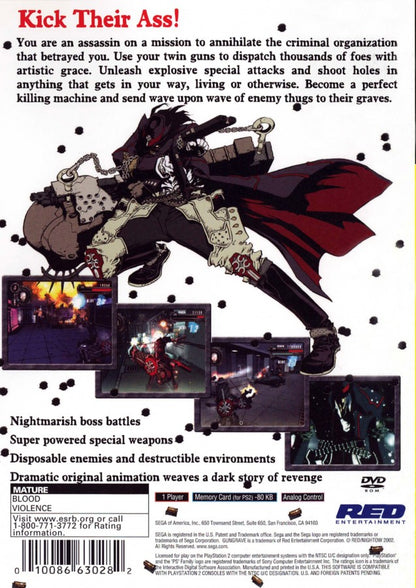 Retro Gungrave PS2 inspired design featuring dark sci fi anime shooter aesthetic vintage PlayStation 2 action gameplay dual wield guns blazing antihero futuristic crime syndicate battles cel shaded style explosive arcade combat nostalgia back cover art