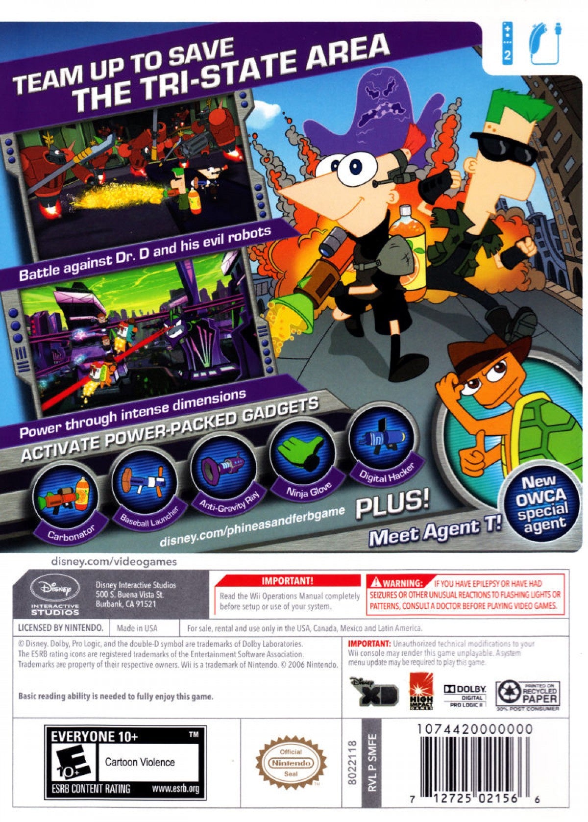 Phineas and Ferb Across the Second Dimension Wii inspired design featuring animated action adventure aesthetic dimensional travel storyline inventive gadgets colorful cartoon worlds cooperative gameplay Disney family friendly fun nostalgic Nintendo Wii presentation back cover 