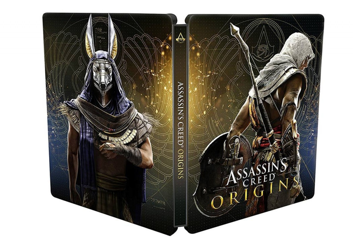 Assassin's Creed Origins Steelbook PlayStation 4 game featuring open-world action adventure gameplay and collectible steelbook case front and back cover