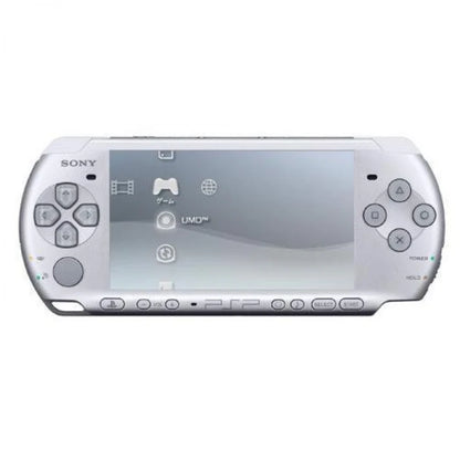 Silver PlayStation Portable PSP 2000 handheld gaming system featuring slim and lightweight design widescreen display UMD game support Wi Fi connectivity multimedia playback video output capability rechargeable battery iconic Sony portable console compatibility with PSP games collectible gaming appeal