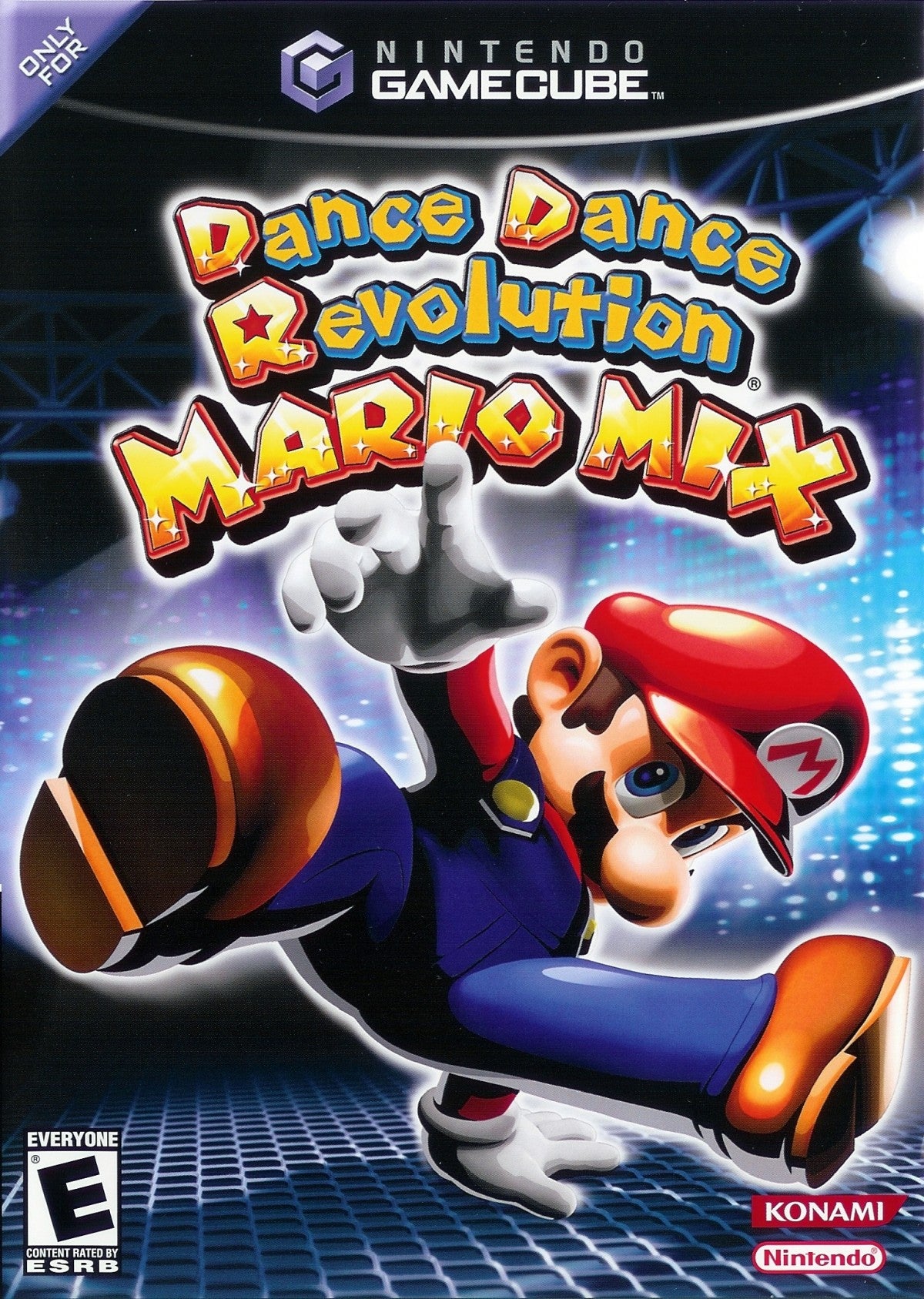 Cover art for Dance Dance Revolution Mario Mix GameCube GC video game, rhythm and music, dance gameplay, multiplayer, family-friendly, Nintendo GameCube classic