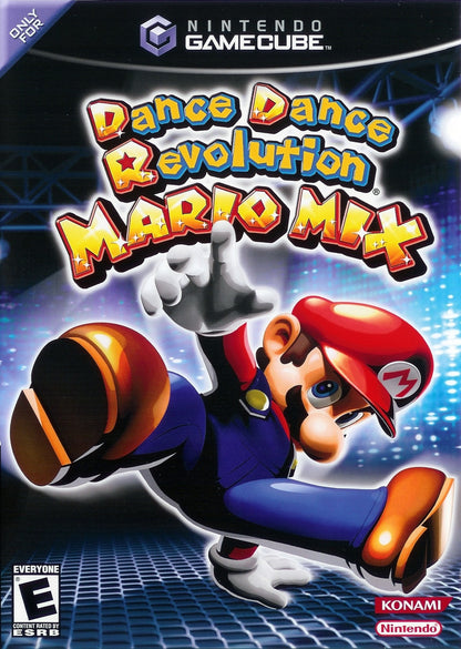 Cover art for Dance Dance Revolution Mario Mix GameCube GC video game, rhythm and music, dance gameplay, multiplayer, family-friendly, Nintendo GameCube classic