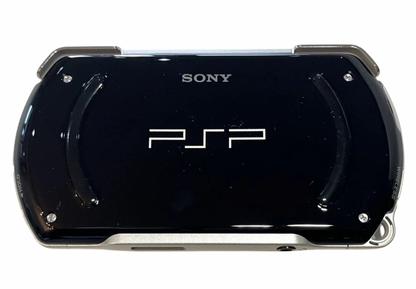 PSP Go Piano Black PlayStation Portable PSP for portable gaming fans featuring compact sliding design Piano Black finish built in controls digital game support 3.8 inch display Bluetooth wireless connectivity internal storage and sleek portable Sony gaming hardware collectible appeal back